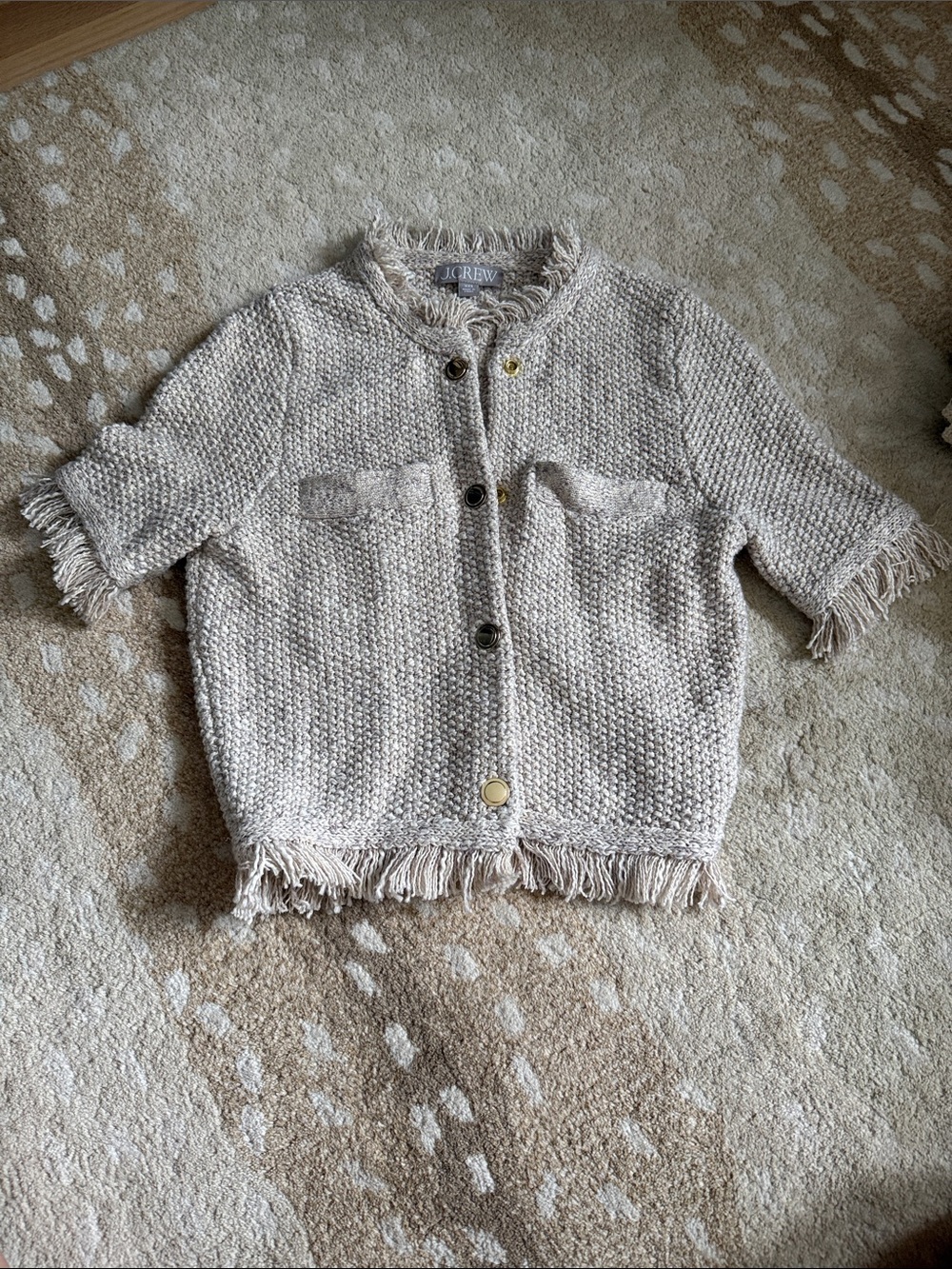 J. Crew Fringe-Trim Short Sleeve Knit Cardigan in Oatmeal